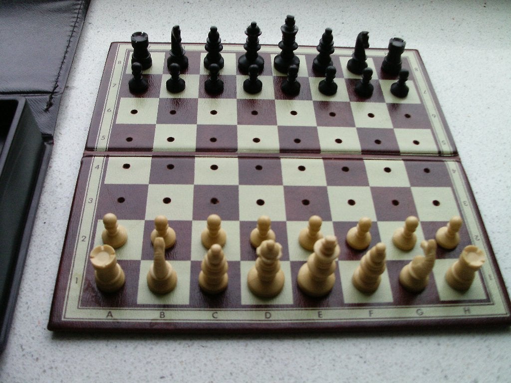 schaakspel etui ("leer") inklapbaar  10 euro per stuk, Een of twee spelers, Ophalen of Verzenden, Zo goed als nieuw