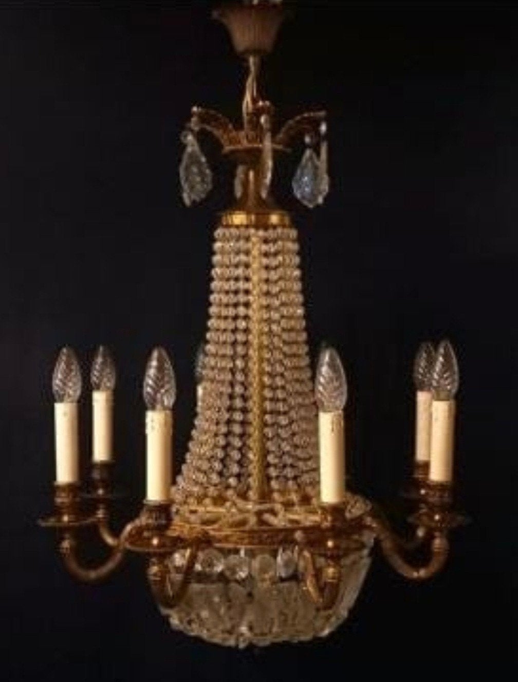 Antieke Messing Zakkroonluchter met 10 Lampen, Gebruikt, Empire, E14 (klein), Ophalen of Verzenden