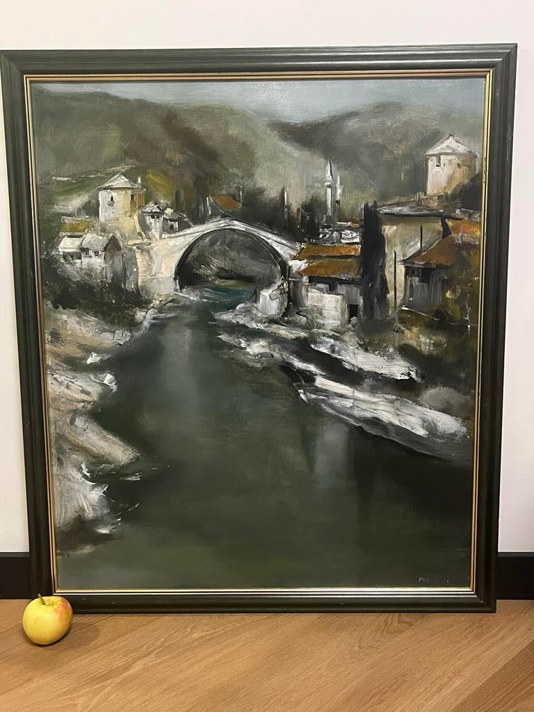 Olieverfschilderij Martin Profac - Oude brug Mostar, Antiek en Kunst, Kunst | Schilderijen | Klassiek, Ophalen of Verzenden