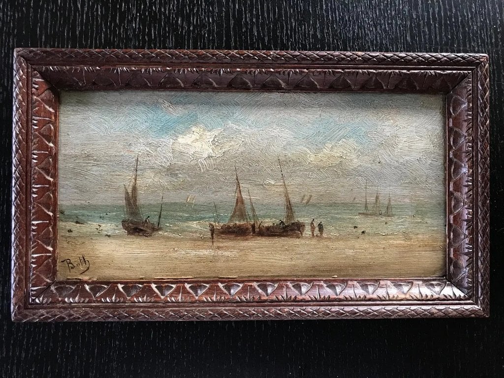 Antiek sfeervol strandgezicht bomschuiten (Haagse School), Nederlandse school, Ophalen of Verzenden, Olieverf, Bijzondere lijst