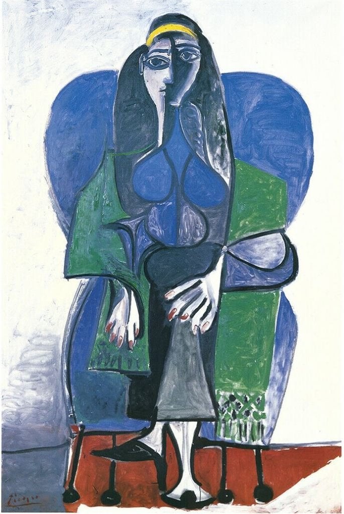 Picasso (1881) Kleur Offset druk" Vrouw zittend lang " Asche, Antiek en Kunst, Gelimiteerde oplage, Ophalen of Verzenden, Personages en Fantasiefiguren
