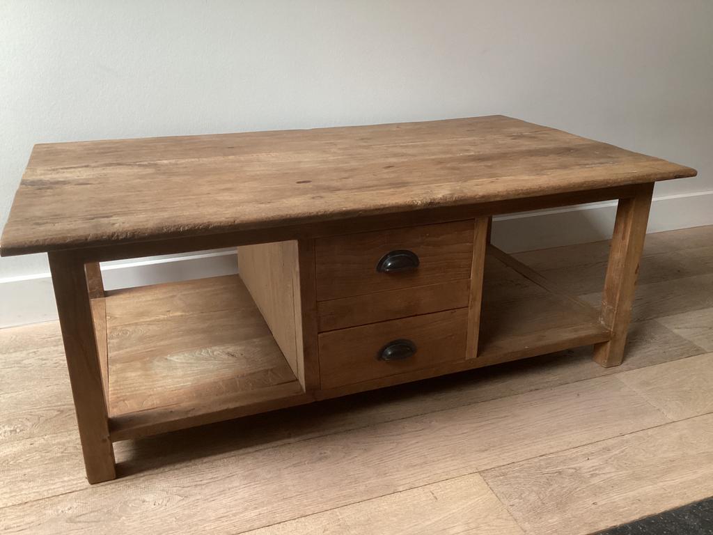 Teakhouten salontafel met 4 laden landelijk robuust hout, Huis en Inrichting, Tafels | Salontafels, Ophalen, Gebruikt, 100 tot 150 cm