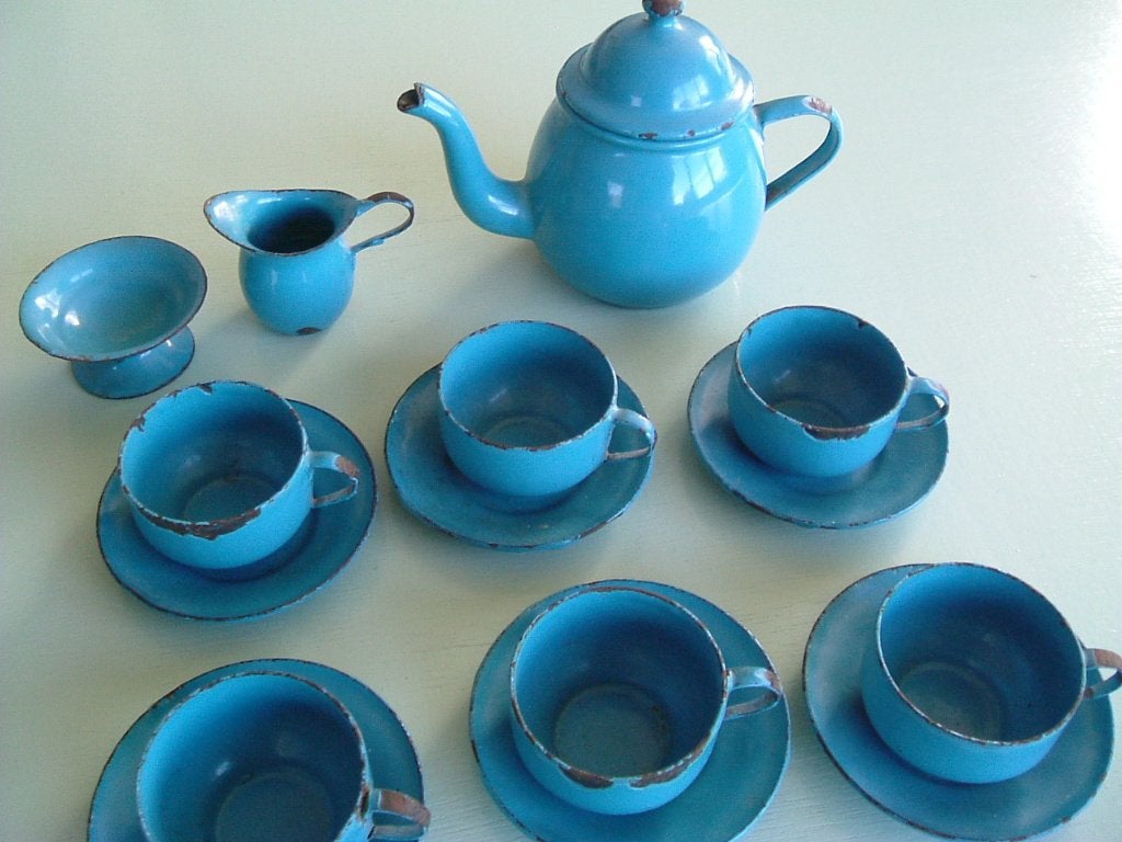 Blauw emaille miniatuur servies., Ophalen of Verzenden