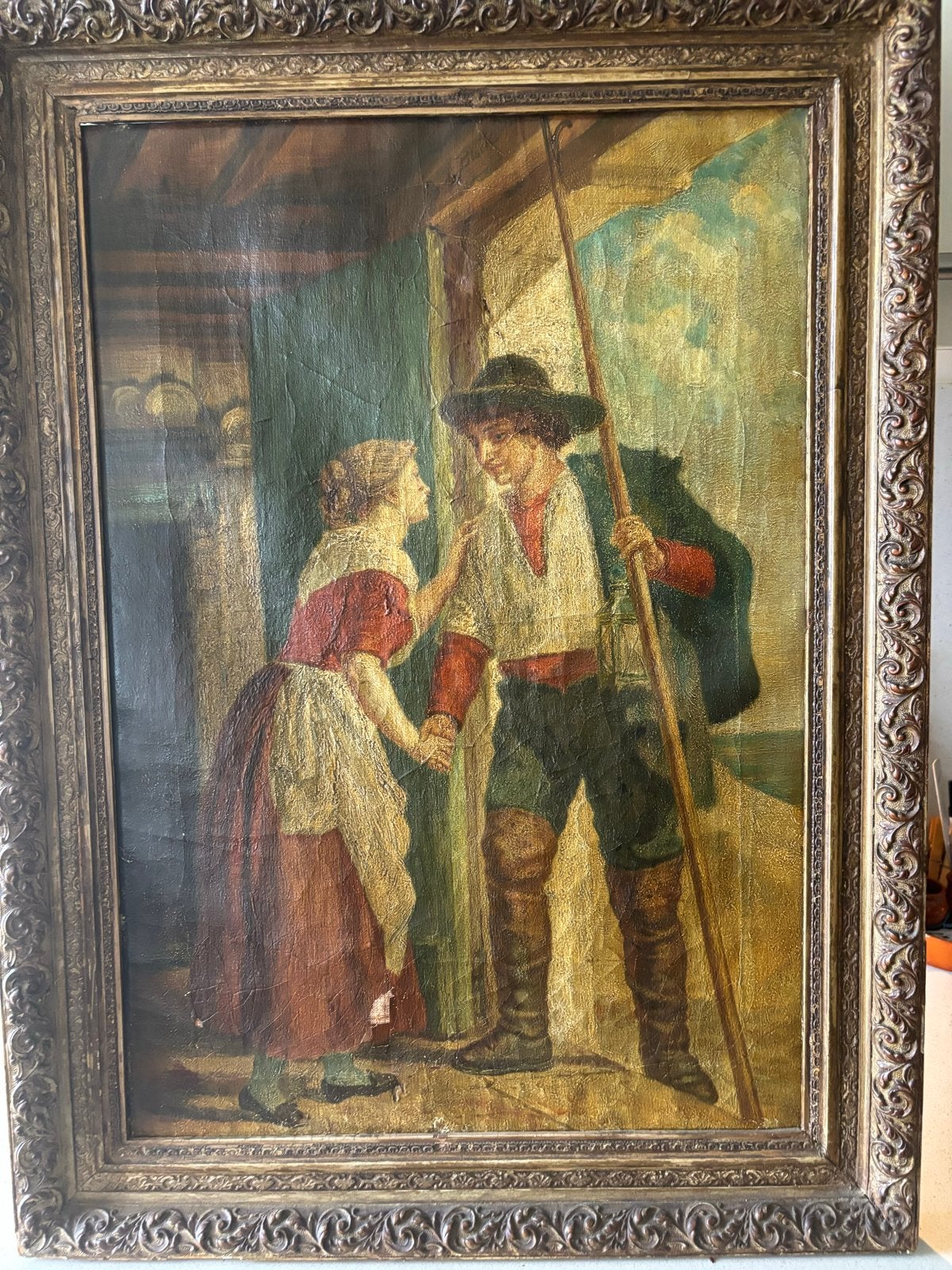 Klassiek olieverfschilderij: Romantisch tafereel, Antiek en Kunst, Doek, Portret of Personen, Ophalen of Verzenden, Olieverf