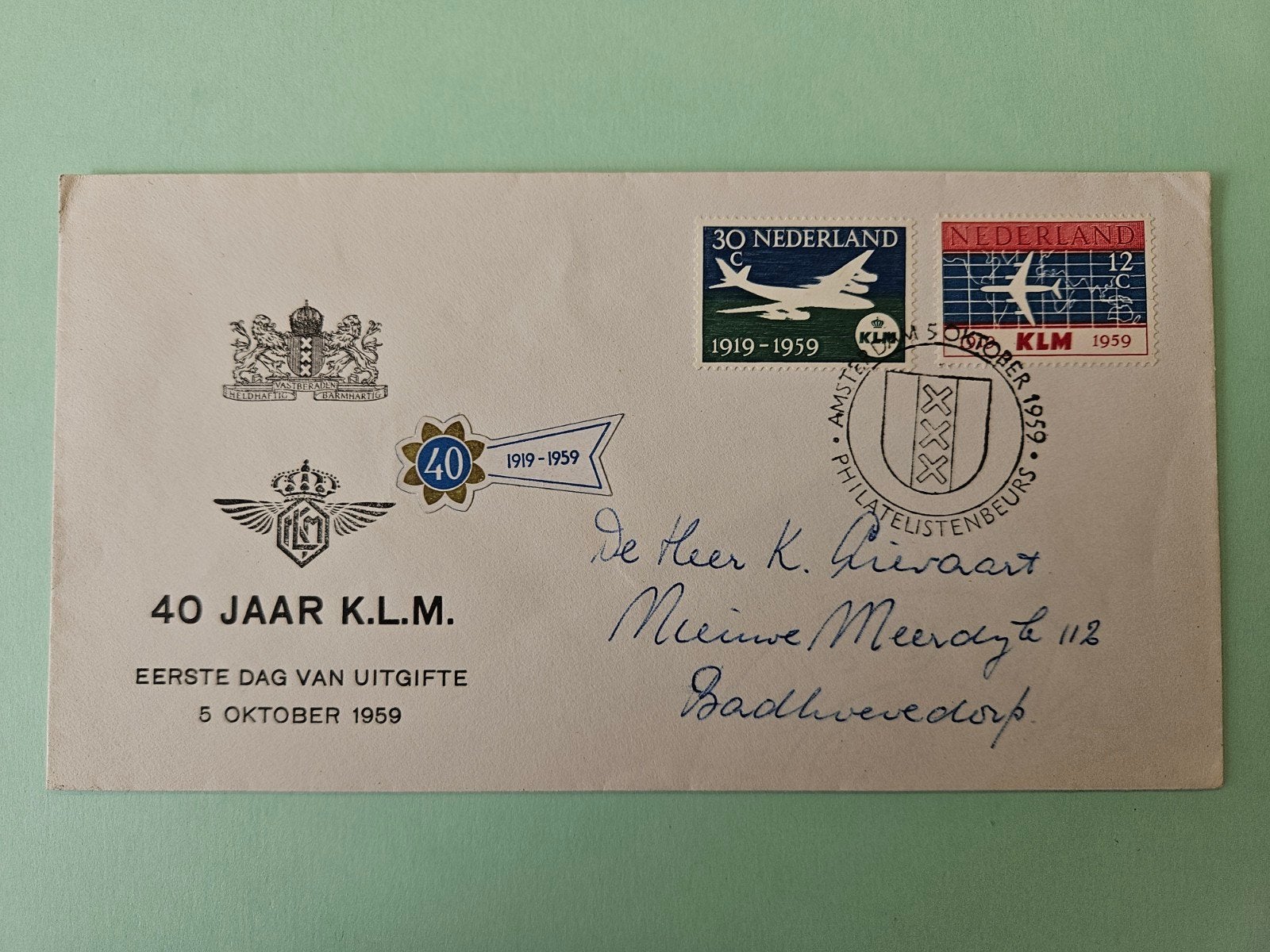 87) KLM 40 jaar 1959, Postzegels en Munten, Ophalen of Verzenden, Beschreven, Nederland