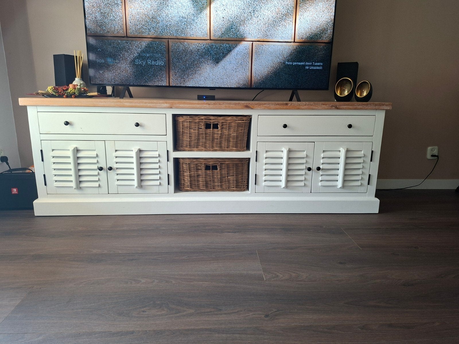 Landelijk TV meubel met salontafel - wit/bruin whitewash, Ophalen, Gebruikt, Landelijk, 200 cm of meer