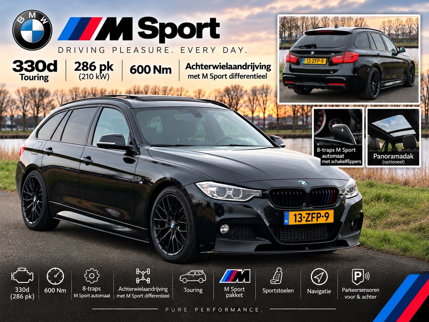 BMW 330d Touring M Sport | M Performance | 286 PK / 600 Nm, Automaat, 1800 kg, Zwart, 2993 cc