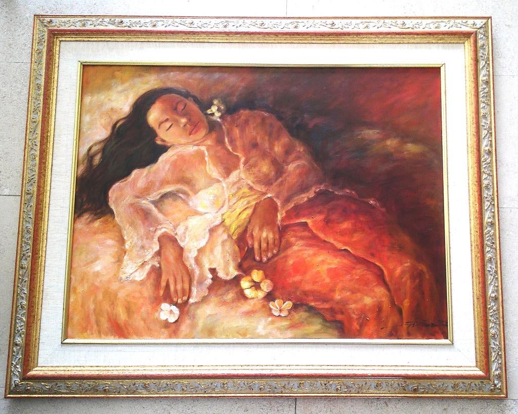 Slapende Aziatische jonge vrouw 1997 -onduidelijk gesigneerd, Antiek en Kunst, Ophalen
