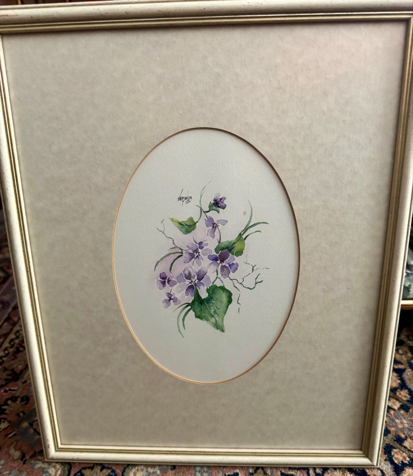 Ingelijste aquarel van viooltjes, gesigneerd, Ophalen of Verzenden, Tekening, Aquarel, Achter glas