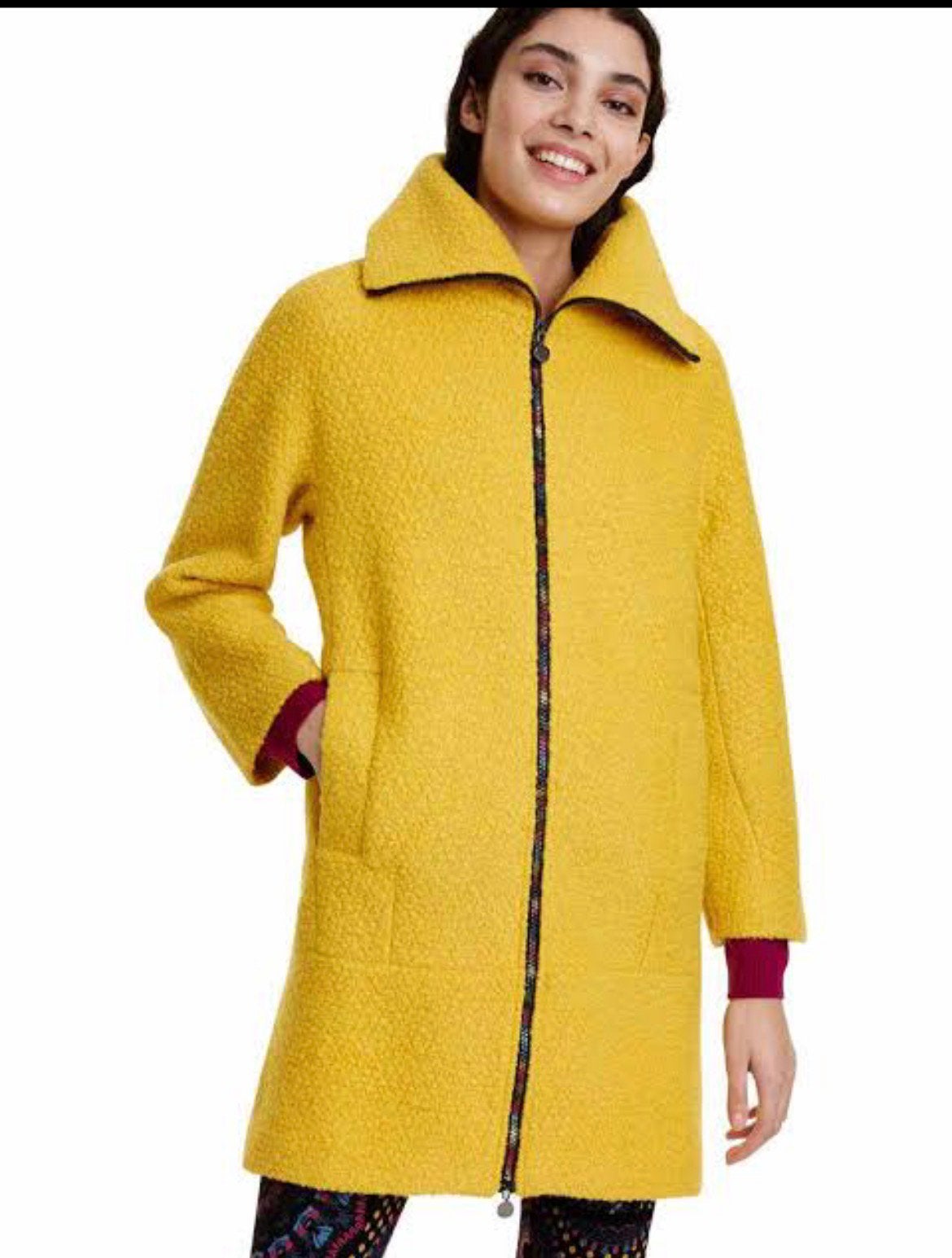 Desigual winterjas wol geel, maat 44, regenboog rits, Ophalen of Verzenden, Gedragen, Maat 42/44 (L), Geel