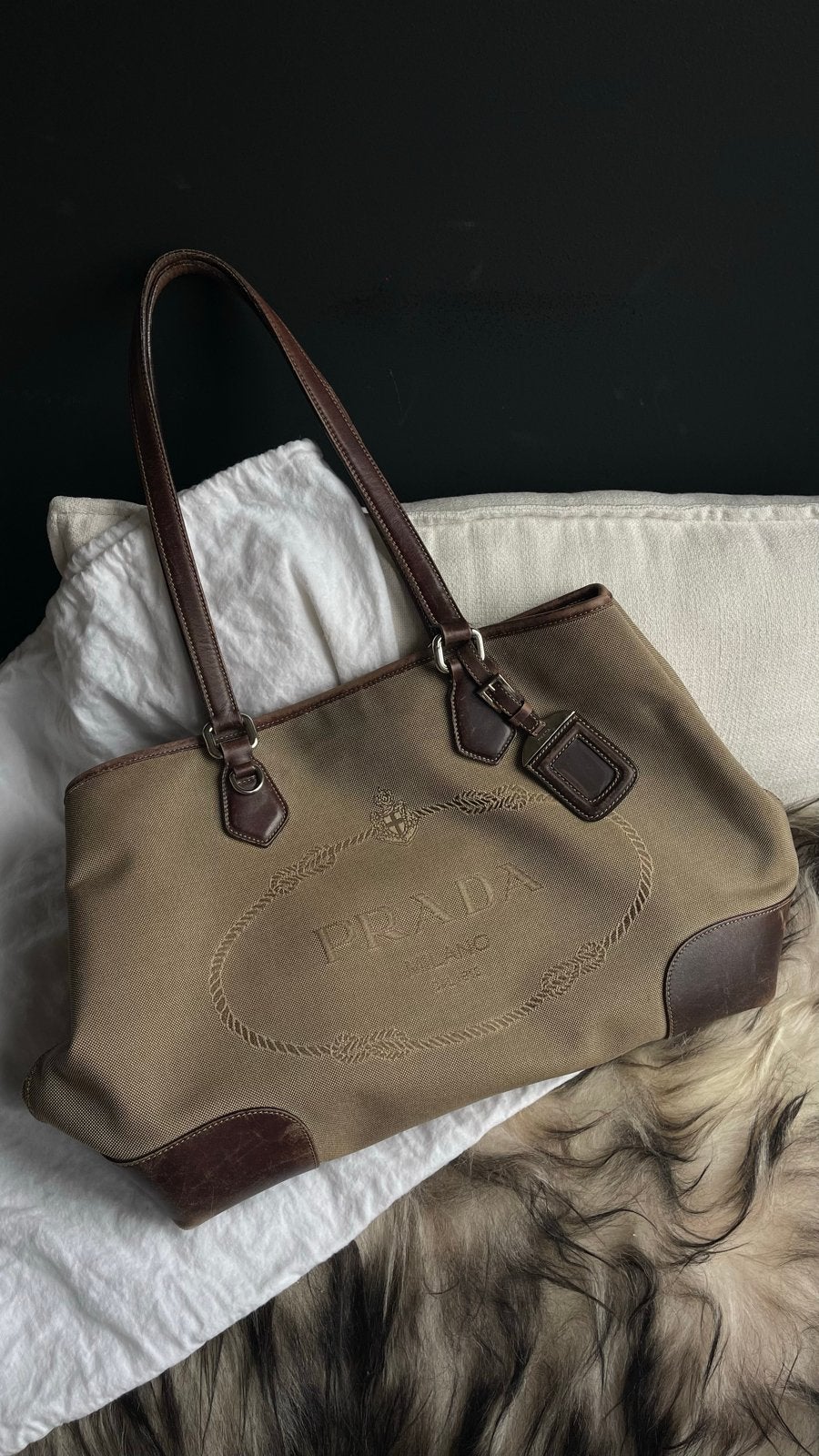 Prada Milano Canvas Shopper -, Ophalen of Verzenden, Gebruikt, Bruin, Shopper