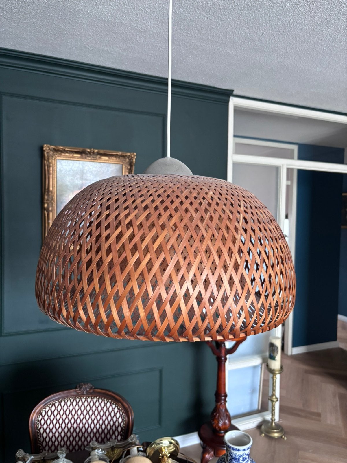 Rieten lamp rond, Huis en Inrichting, Lampen | Hanglampen, Ophalen, Zo goed als nieuw