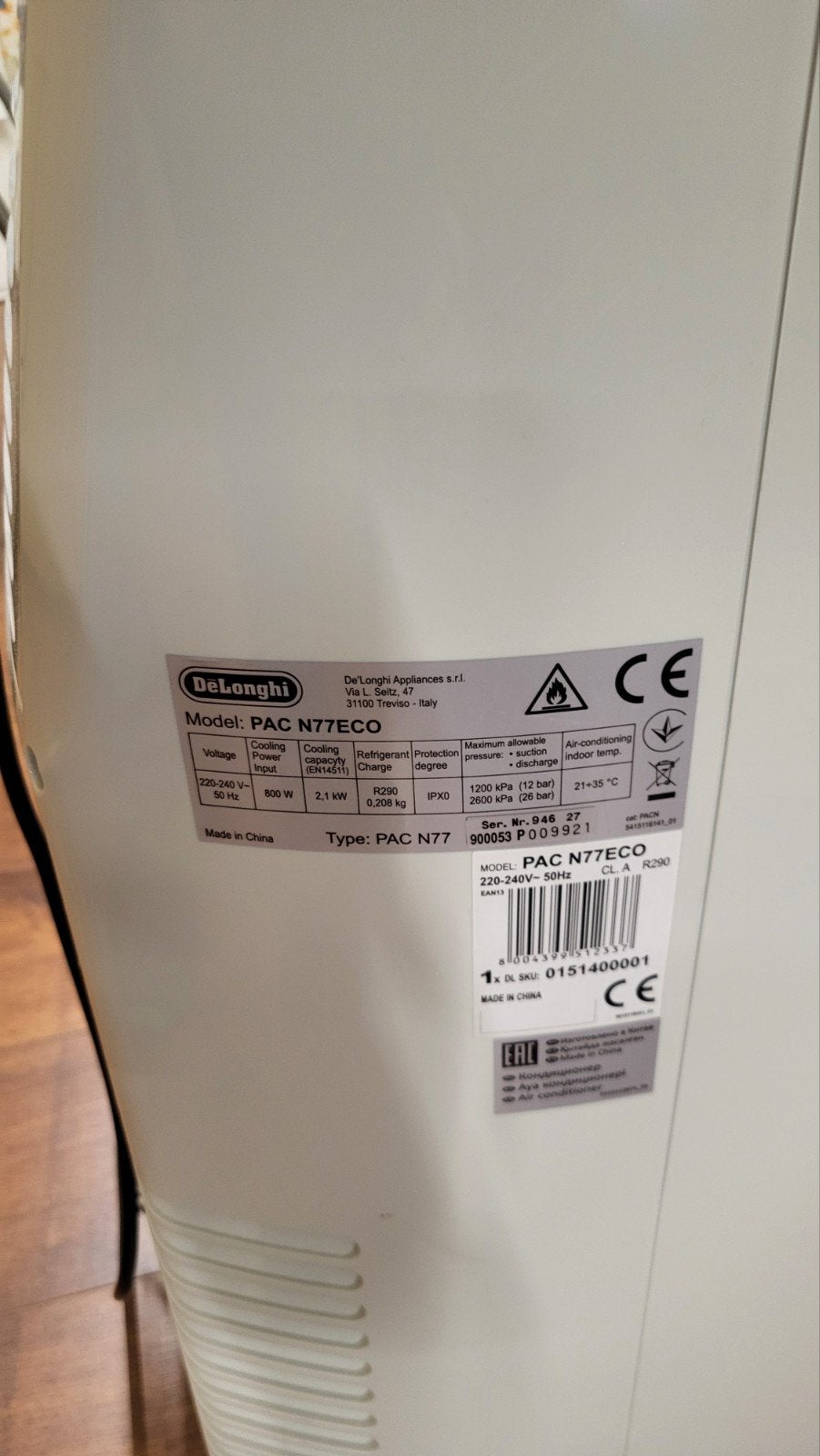 De'Longhi Pinguino PAC N77ECO Mobiele Airco, Ophalen, Gebruikt, Minder dan 60 m³, Timer