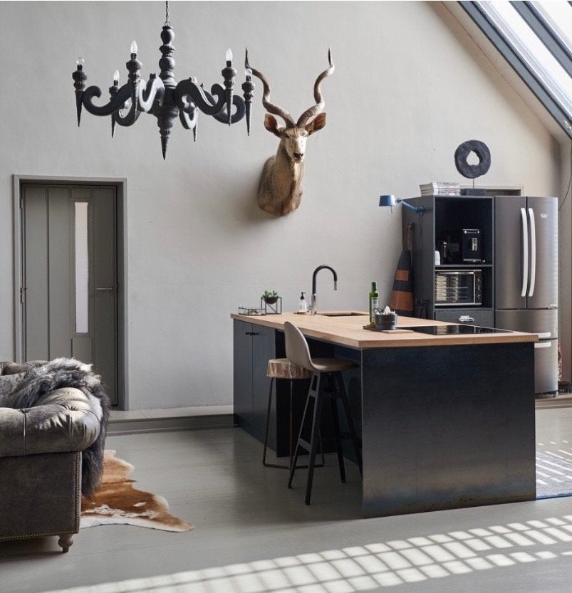 Grote houten kroonluchter van Hoffz interieur, antraciet, Ophalen of Verzenden, Gebruikt, Hout