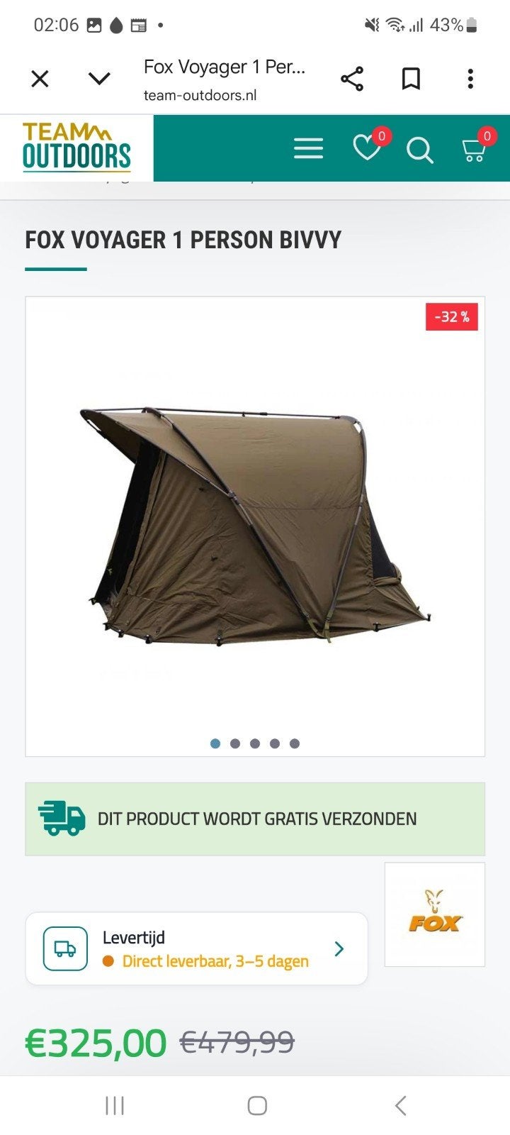 Fox Voyager 1 Persoons Bivvy - Karpertent, Ophalen, Zo goed als nieuw, Tot en met 2