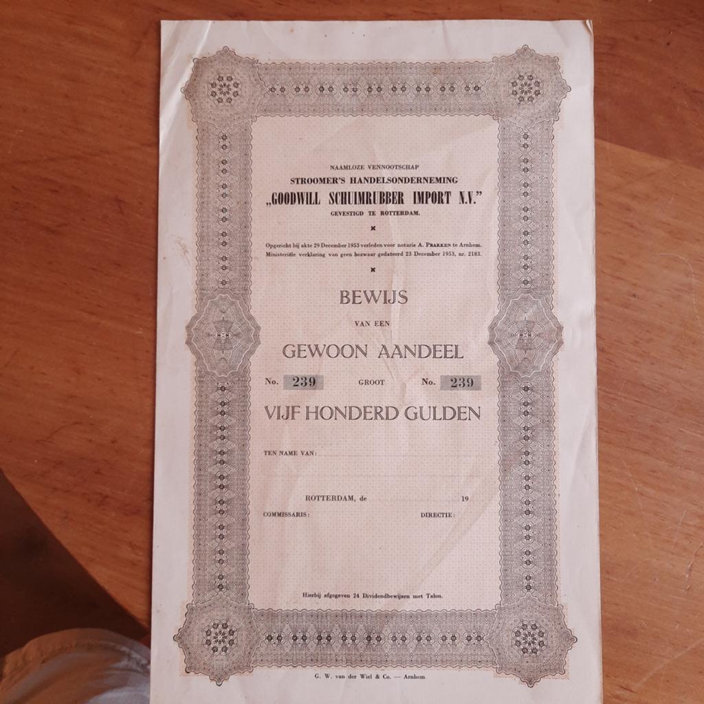 Oud Aandeel Goodwill Schuimrubber Import NV, Verzenden, Aandeel