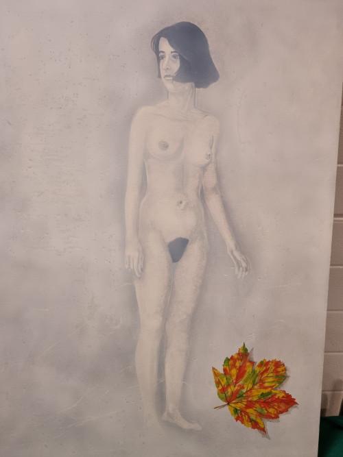 schilderij naakte vrouw met eikenblad, Huis en Inrichting, Woonaccessoires | Schilderijen, Tekeningen en Foto's, Ophalen of Verzenden