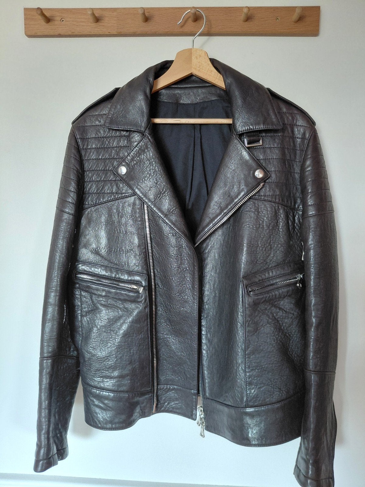 Original Balmain Leren Bikerjack - Donkerbruin, Maat M, Ophalen, Balmain, Bruin, Maat 48/50 (M)