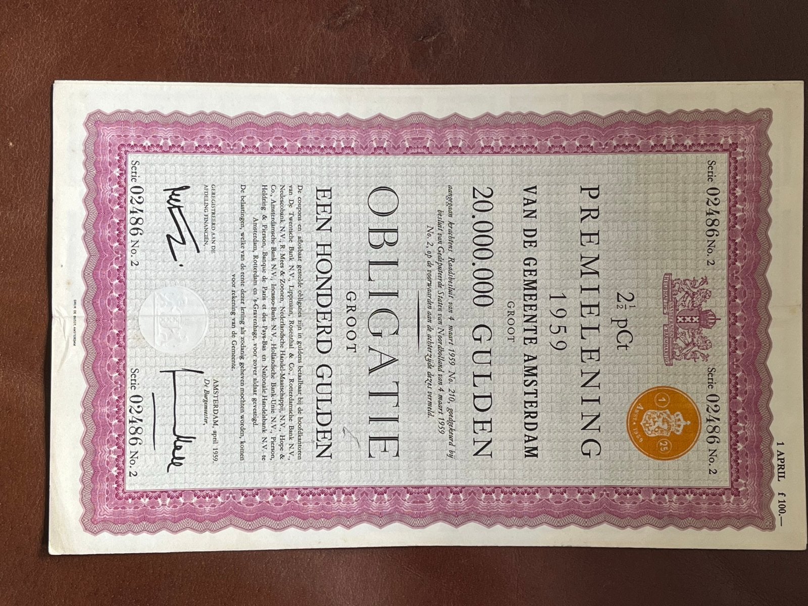 Premieobligatie Gemeente Amsterdam 1959 - 100 Gulden, Postzegels en Munten, Aandelen en Waardepapieren, Ophalen of Verzenden, 1950 tot 1970