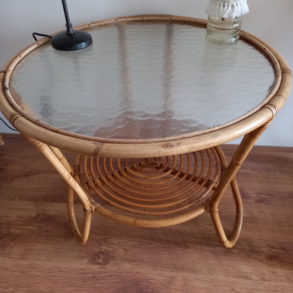 Mooi vintage  rotan-bamboe tafeltje i.z.g.s., Huis en Inrichting, Tafels | Salontafels, Ophalen, Gebruikt, 50 tot 100 cm, Rond