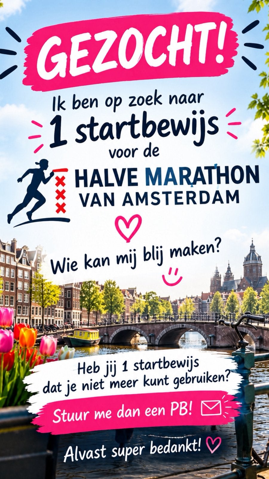 Gezocht 1 kaartje halve marathon Amsterdam, Eén persoon