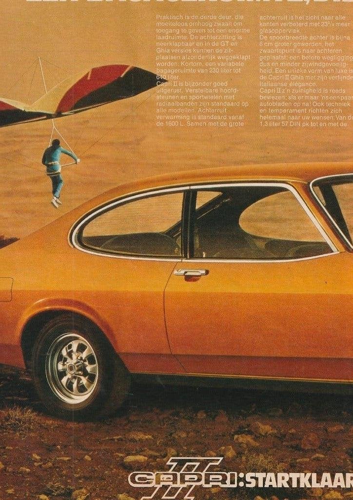 Retro reclame 1974 Ford Capri auto ruime bagageruimte, Verzenden, Overige typen