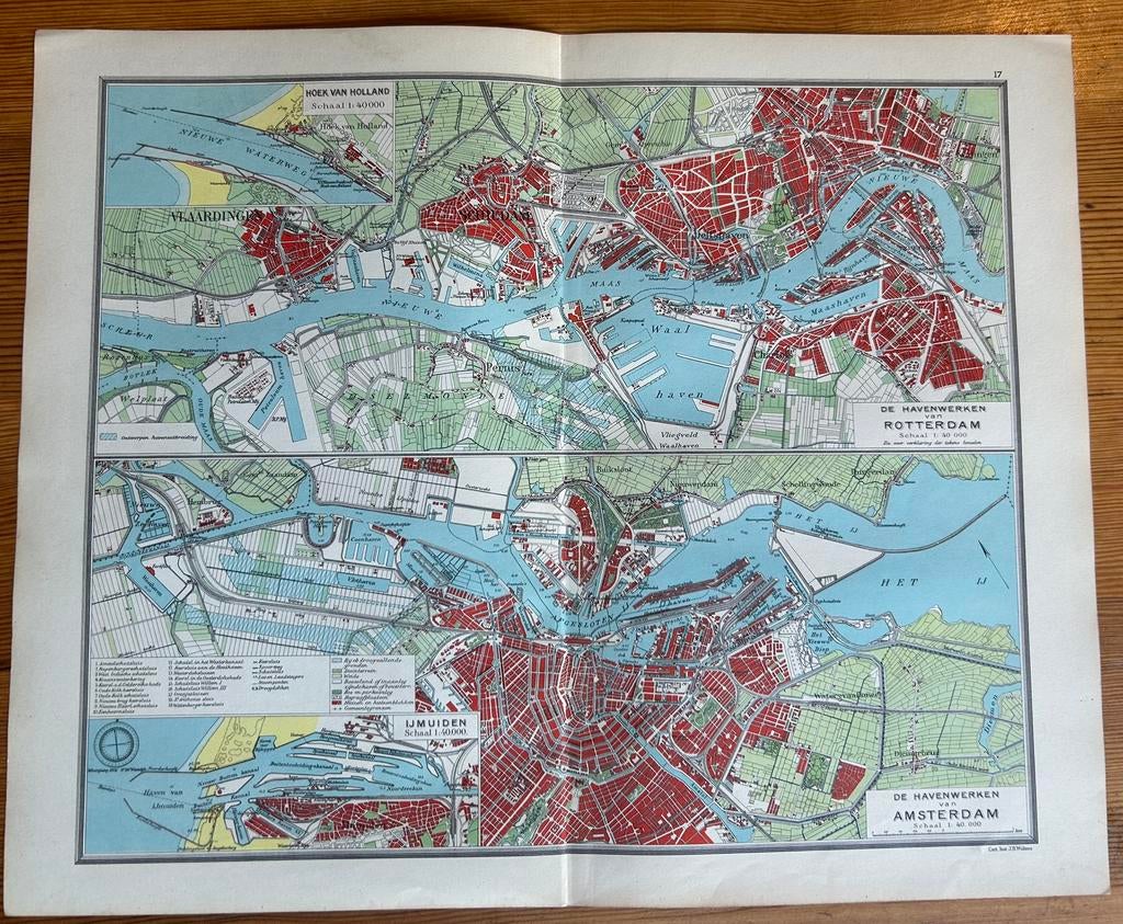 Historische Oude kaart Amsterdam Rotterdam Haven 1920 -1930, Boeken, Gelezen, Verzenden, Landkaart, 1800 tot 2000