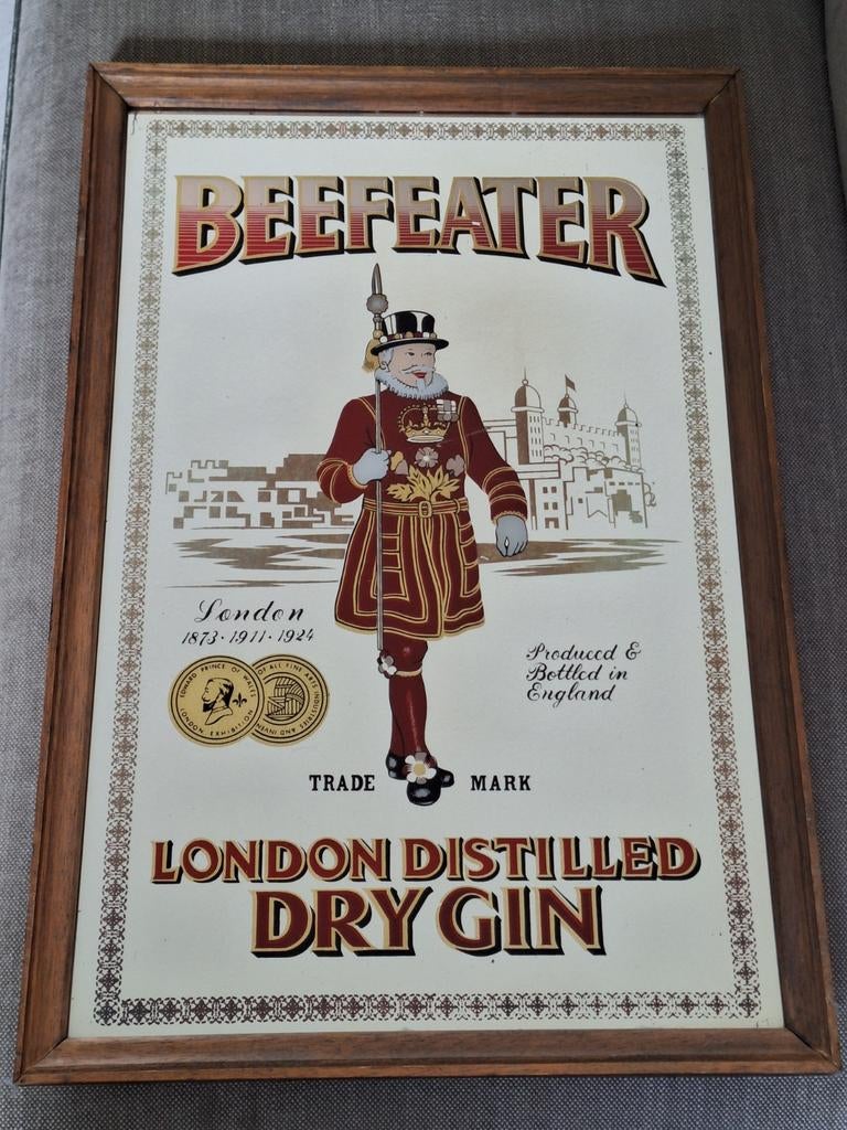 Vintage Beefeater London Dry Gin spiegel, Ophalen, Gebruikt, Rechthoekig, 50 tot 75 cm