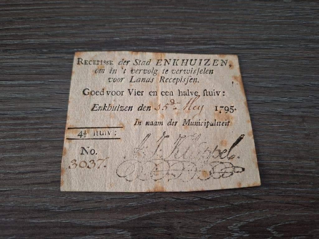 4,5 stuiver Enkhuizen 1795, recepisse Bataafse Republiek, Ophalen of Verzenden, 25 gulden