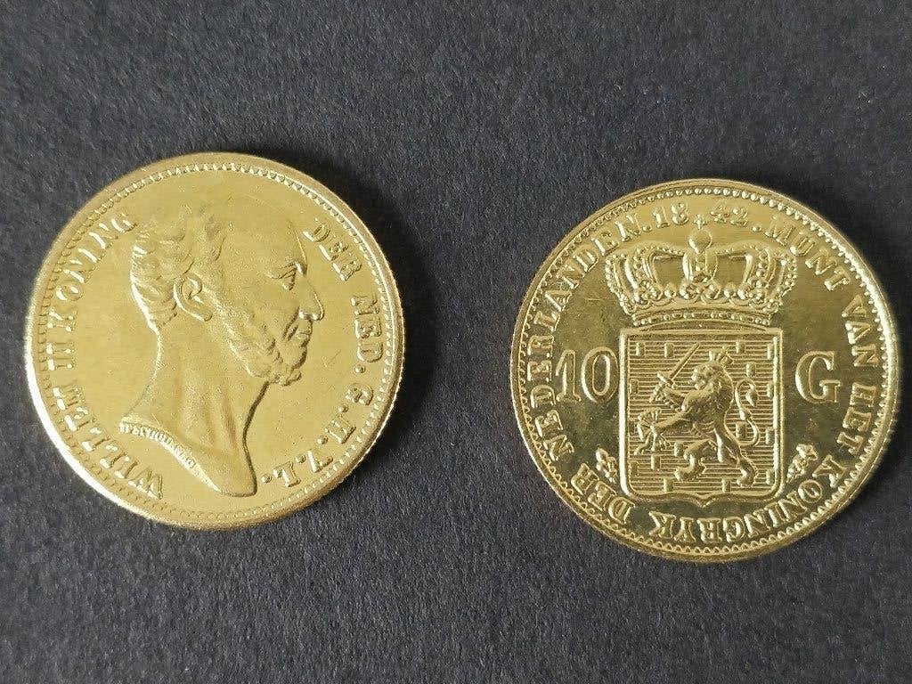 1842 een 10 gld Willem2 goudvergulde replica vaste pr. €2,90, Verzenden, Koning Willem II, 10 gulden