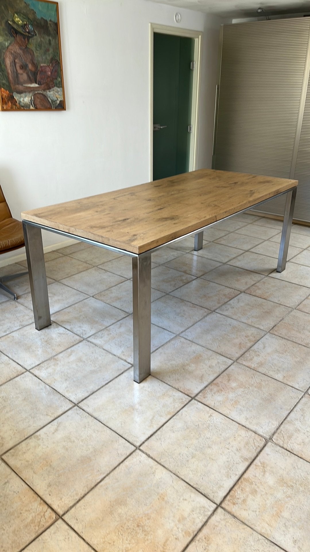 Eettafel hout met staal Designe, Huis en Inrichting, Tafels | Eettafels, Ophalen, Gebruikt, 50 tot 100 cm, 150 tot 200 cm
