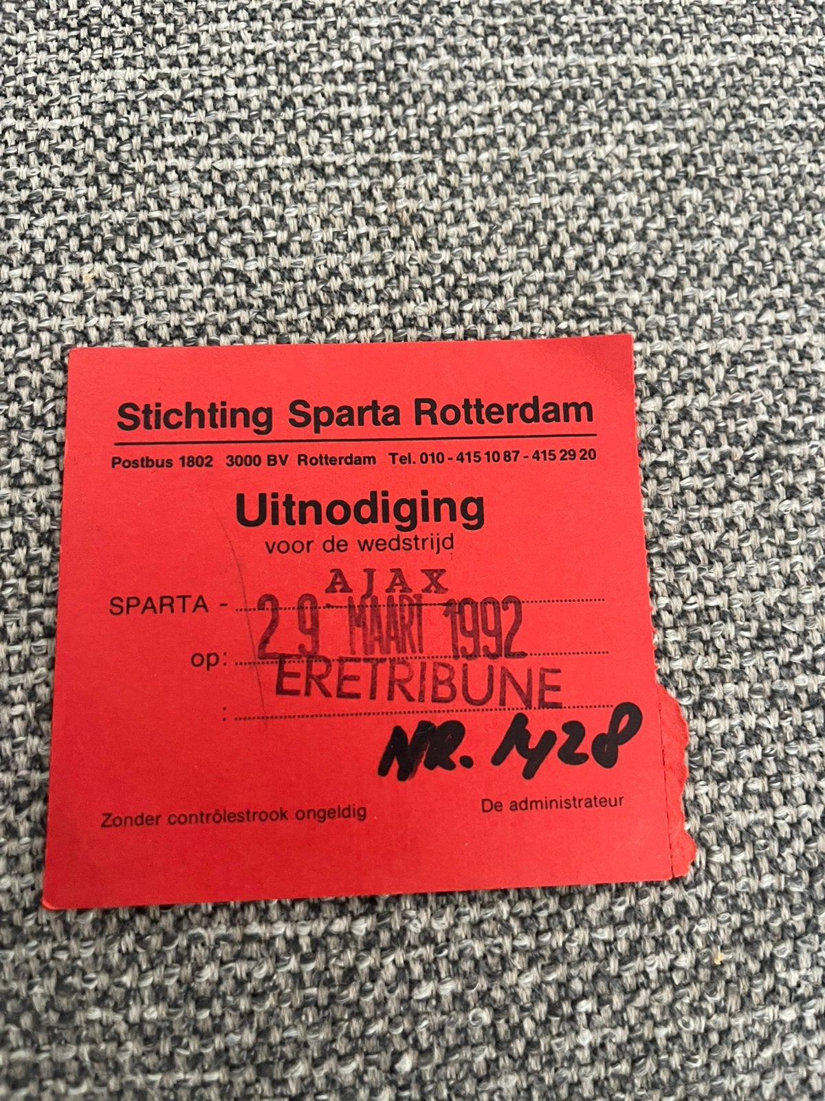 TICKET SPARTA-AJAX UITNODIGING ERE TRIBUNE 91-92, Ophalen of Verzenden, Zo goed als nieuw, Ajax, Overige typen