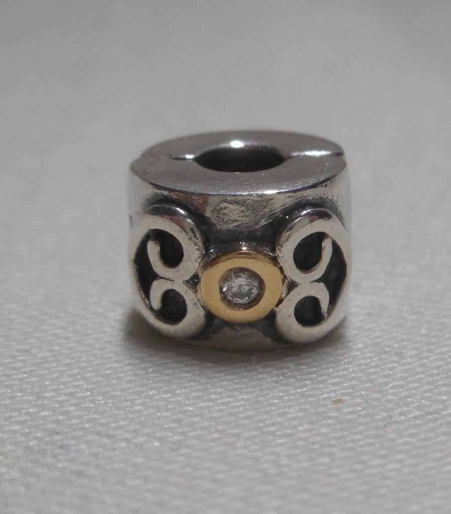 Zilveren Pandora Clip bedel met 14 kt goud en diamant nr.659, Verzenden, Pandora, Zo goed als nieuw, 1 bedel