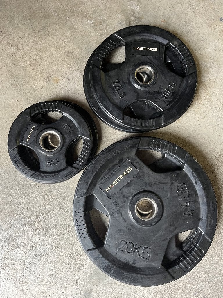 Hastings Olympische schijvensets 5kg, 10kg, 20kg, Ophalen, Zo goed als nieuw, Halterschijven