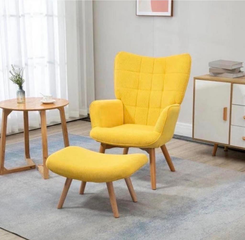 Gele fauteuil met voetenbank - Scandinavische stijl NIEUW, 75 tot 100 cm, Ophalen of Verzenden, Zo goed als nieuw, 50 tot 75 cm
