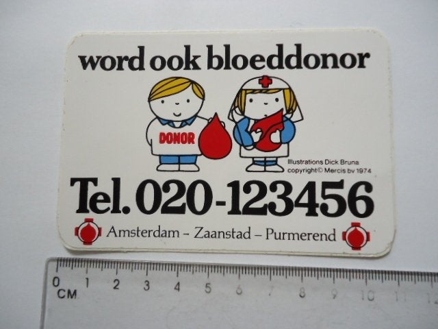 sticker oud Bruna strip 1974 Mercis bloeddonor zaanstad, Ophalen of Verzenden, Zo goed als nieuw, Bedrijf of Vereniging