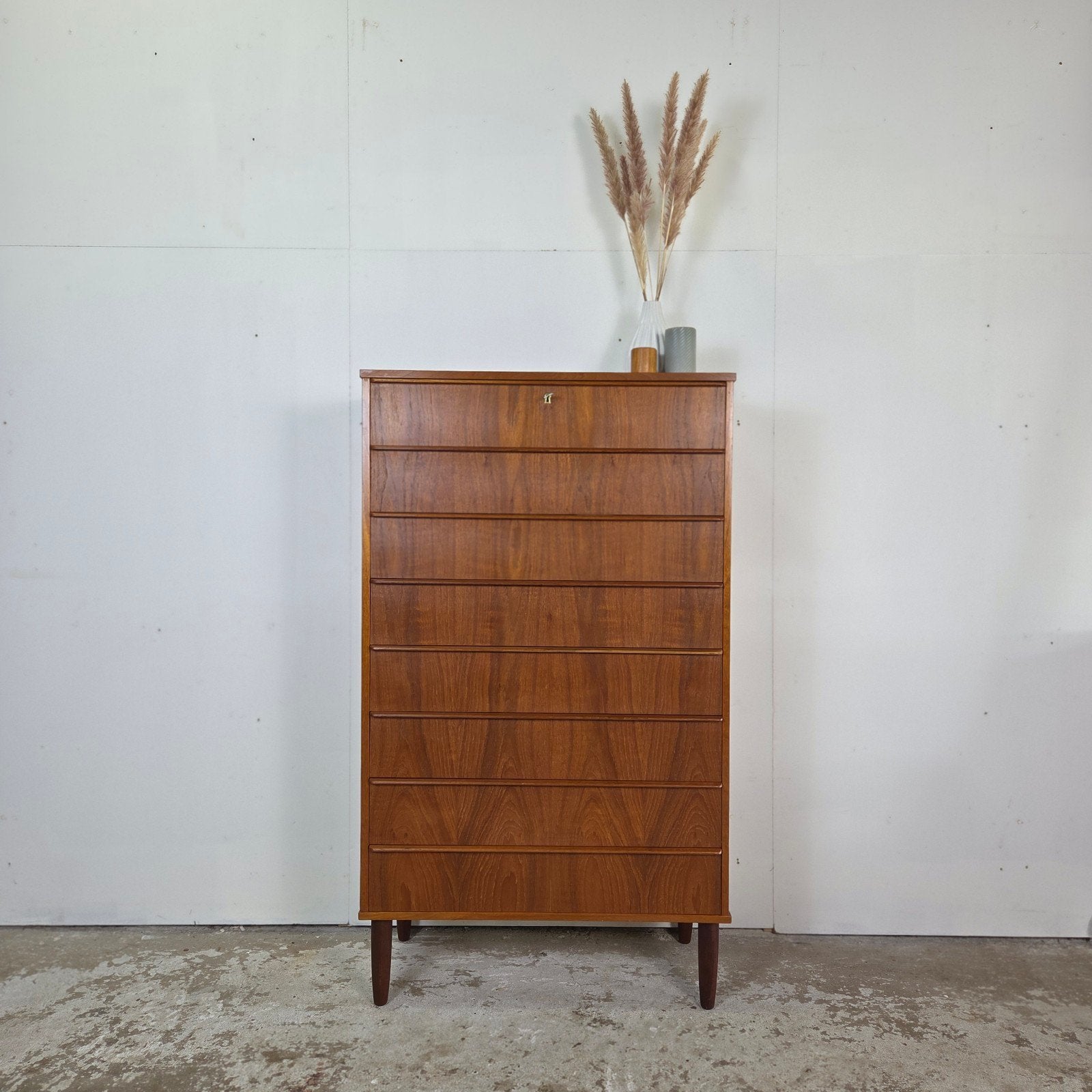 Vintage Deense ladekast, tall boy, 8 lades, teak jaren 60, Ophalen, Gebruikt, 5 laden of meer, 100 tot 150 cm