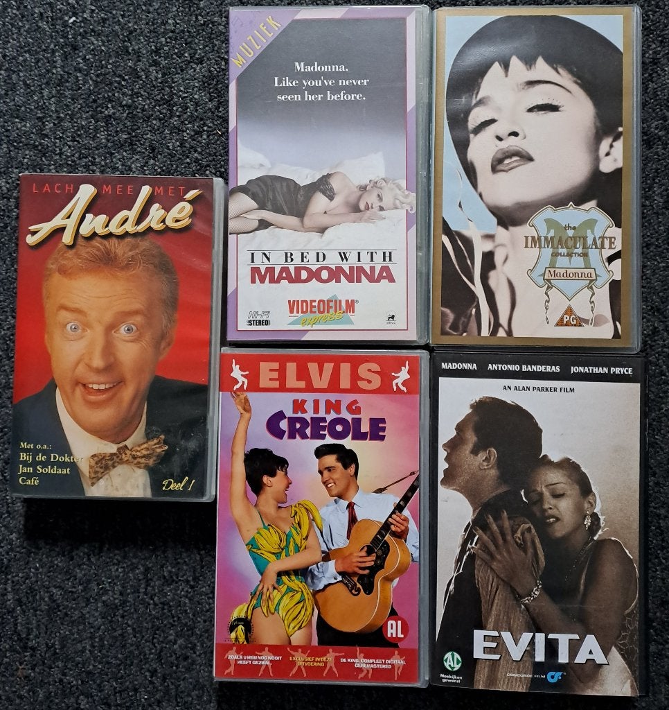 5 video muziekfilms - Madonna, André van Duin en Elvis, Cd's en Dvd's, Nederlands ondertiteld, Alle leeftijden, Muziek en Concerten
