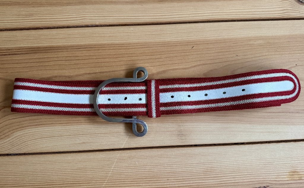 Riem - Rood Wit Stof / leer met gesp van Staal - 100 cm, Ophalen of Verzenden, Zo goed als nieuw, Rood, 90 tot 100 cm