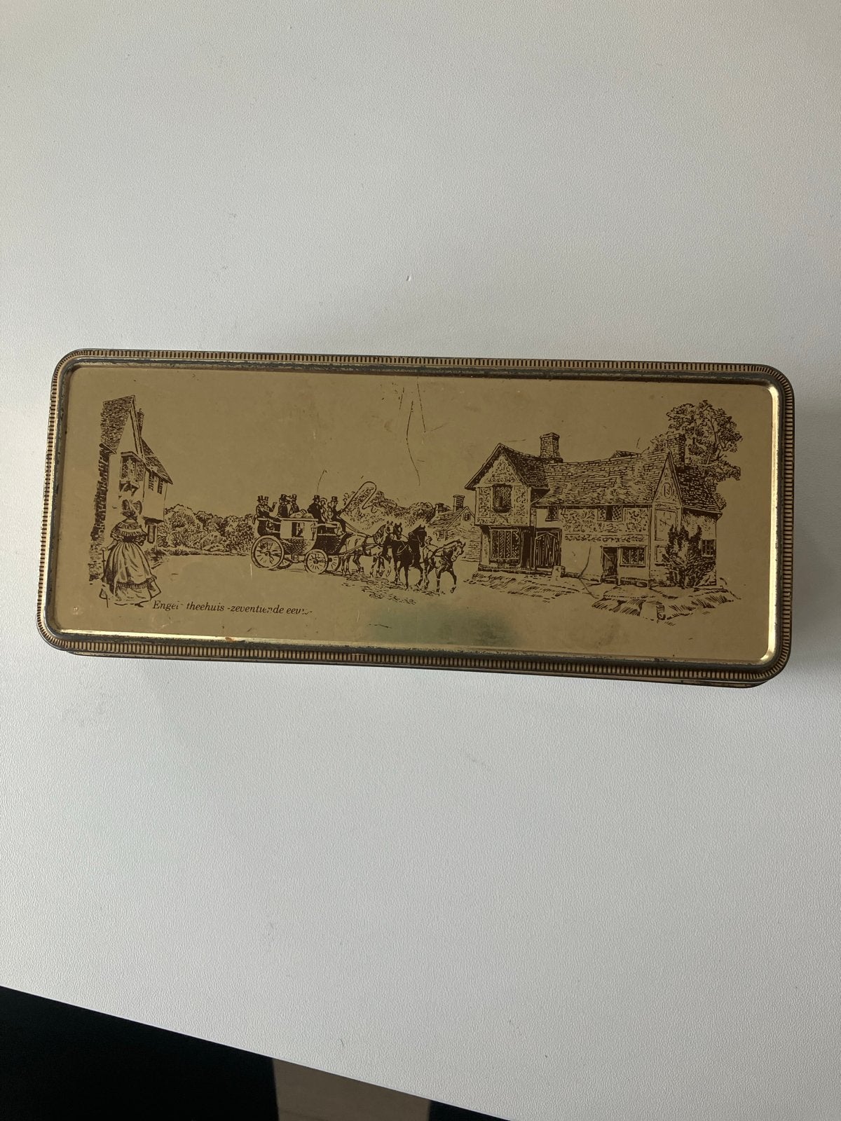 Vintage Gouden Blikken Doos met Engelse Theehuis Afbeelding, Antiek en Kunst, Ophalen of Verzenden