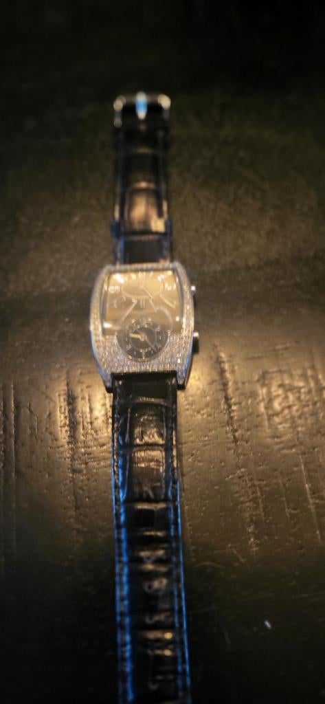 Newton-Sons Polshorloge met Diamanten en Leren Band, Ophalen of Verzenden, Leer, Overige merken