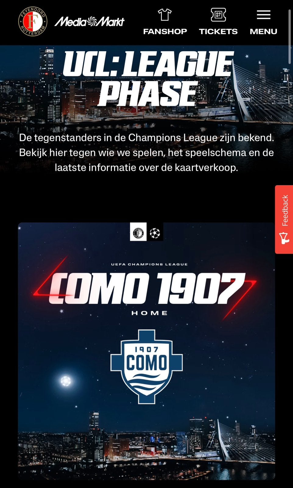 Feyenoord - Como, CL 2 tickets, Tickets en Kaartjes, Losse kaart, Twee personen, September, Europa of Champions League