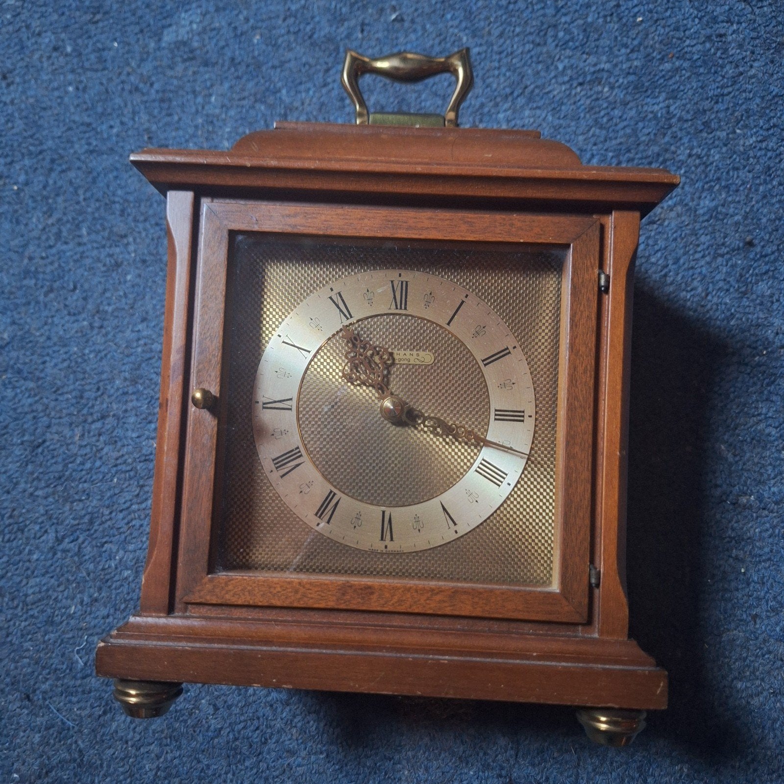 Vintage junghans houten tafelklok met messing handvat, Ophalen of Verzenden