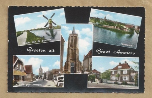 Oude ansichtkaart Groot Ammers - Molen, Kerk, Panorama, Ophalen of Verzenden, Voor 1920, Gelopen, Zuid-Holland