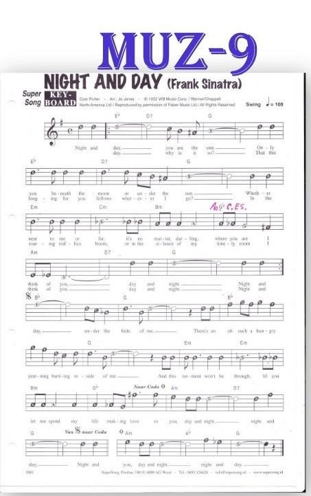 Muz9 Bladmuziek super song Night and Day Frank Sinatra, Orgel, Gebruikt, Ophalen of Verzenden, Artiest of Componist