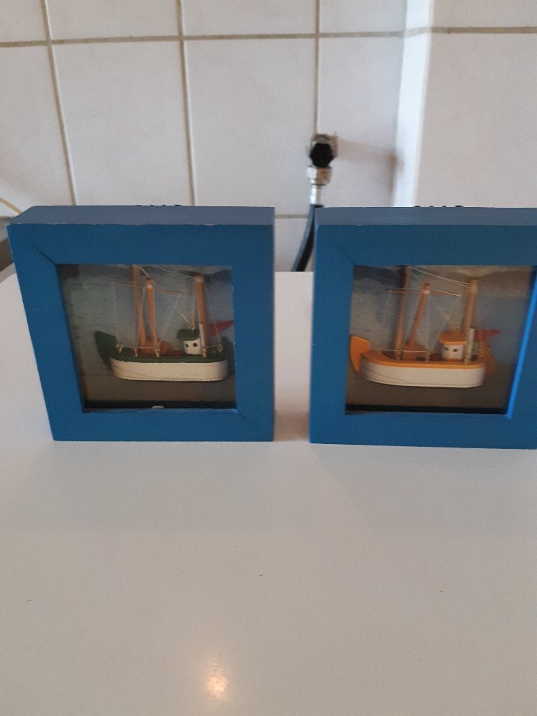 2x Maritiem 3D Schilderij Blauw - Houten Bootjes 13x13 cm, Gebruikt, Hout, Meerkleurig, Decoratieobject