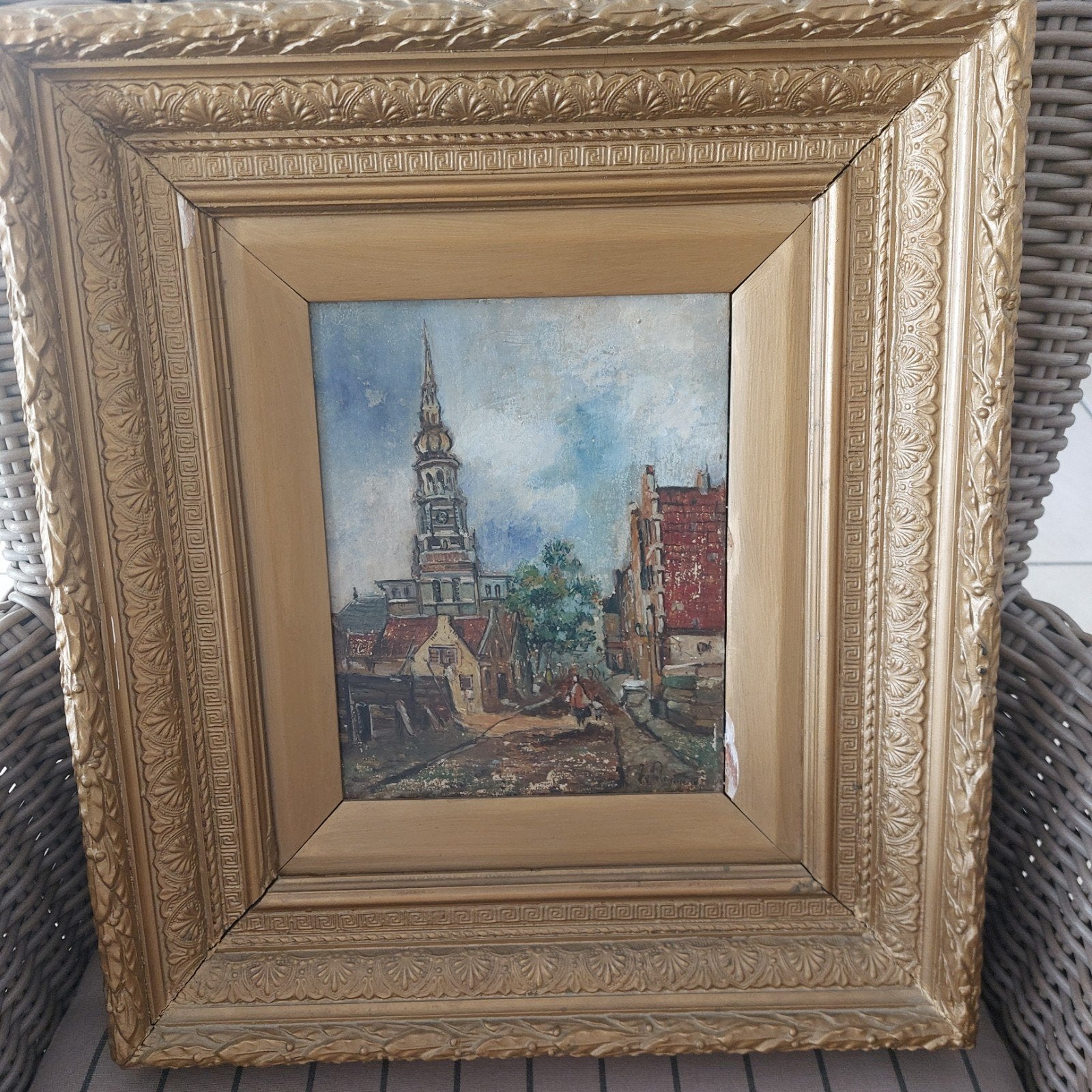 Mooi geschilderd schilderij - Stadsgezicht met toren, Ophalen