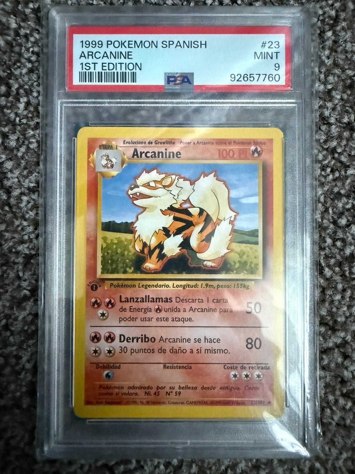 Pokemon Arcanine 1st Edition PSA 9 Spanish Base Set 1999, Ophalen of Verzenden, Zo goed als nieuw