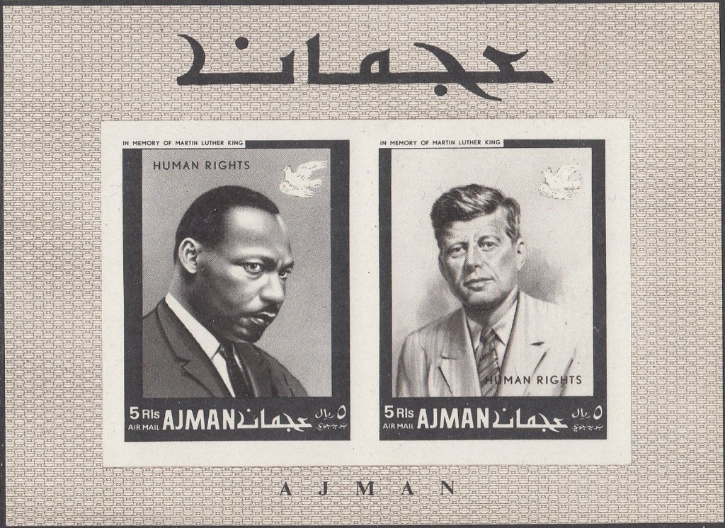 M.L. King en J.F. Kennedy op blok 44 B Ajman Human Rights, Postzegels en Munten, Ophalen of Verzenden, Postfris, Overige thema's