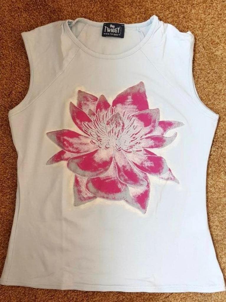 Tshirt lichtblauw met glitterprint XL, Kleding | Dames, Blauw, Maat 46/48 (XL) of groter, Ophalen of Verzenden, Zo goed als nieuw